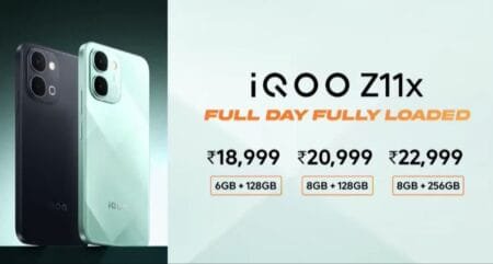 iQOO Z11x smartphone - Titan Black and Prismatic Green colors, prices ₹18,999 to ₹22,999