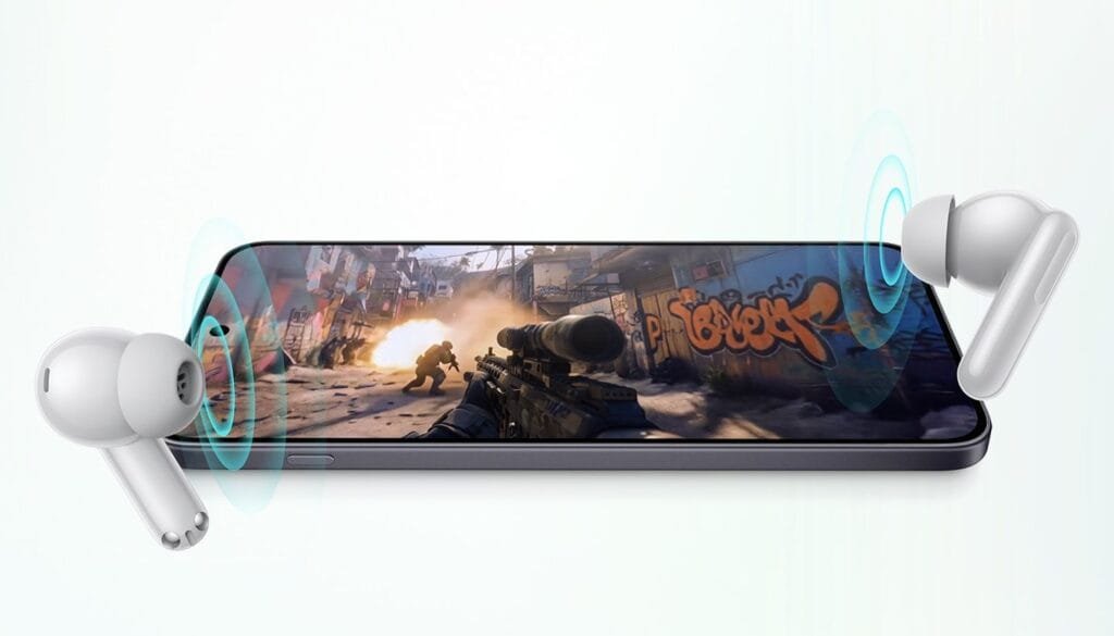 OnePlus earbuds paired with a smartphone showing a shooter game scene. Blue sound waves highlight audio transmission, on light background.