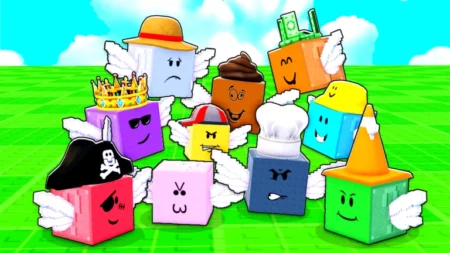 Be a Lucky Block Codes March 2026 Free Rewards A colorful group of animated, winged blocks from the Roblox game 'Be a Lucky Block' arranged in a pyramid on a bright green grid. Each block has a unique design, expression, and accessory—including a pirate hat, crown, chef's toque, straw hat, and a block with cash on top. The background features a clear blue sky with white clouds.