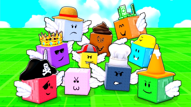 Be a Lucky Block Codes March 2026 Free Rewards A colorful group of animated, winged blocks from the Roblox game 'Be a Lucky Block' arranged in a pyramid on a bright green grid. Each block has a unique design, expression, and accessory—including a pirate hat, crown, chef's toque, straw hat, and a block with cash on top. The background features a clear blue sky with white clouds.
