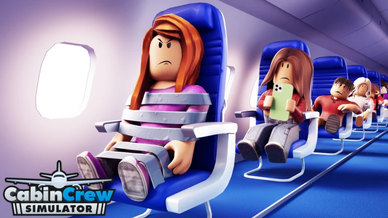 Cabin Crew Simulator Codes (March 2026) – Free Skybux Roblox-style characters seated in an airplane cabin for 'Cabin Crew Simulator'. The foreground character is strapped in with gray belts, while others hold items like a green phone. The game's logo is visible in the bottom left corner.