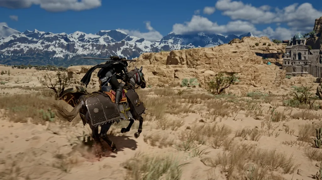 Crimson Desert official trailer screenshot showing armored warrior riding horse across vast desert landscape with snow-capped mountains and ancient ruins