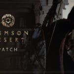Promotional artwork for Crimson Desert showing a heavily armored warrior with a fur-lined cloak and large shield, facing sideways against a dark background, with the title “Crimson Desert Patch” displayed on the left.