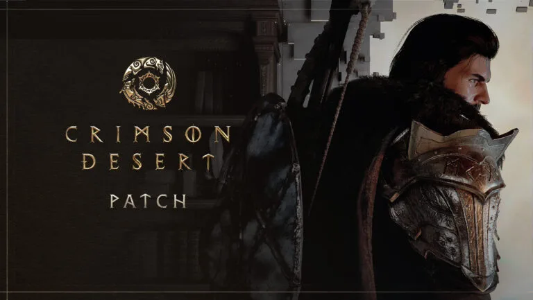 Promotional artwork for Crimson Desert showing a heavily armored warrior with a fur-lined cloak and large shield, facing sideways against a dark background, with the title “Crimson Desert Patch” displayed on the left.