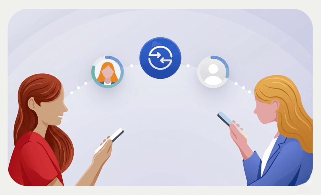 A conceptual graphic showing a Samsung Galaxy smartphone and an iPhone side-by-side with a "Quick Share" icon between them. Arrows indicate a seamless file transfer, representing the new AirDrop compatibility for the S26 series.