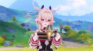 Genshin Impact Version 6.5 update featuring new character with pink hair and animal ears, standing in vibrant scenic landscape of Natlan.