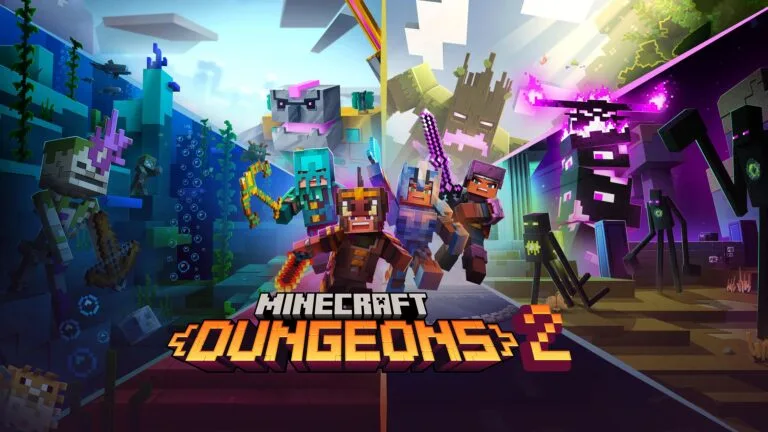 Promotional art for Minecraft Dungeons 2. Blocky characters with weapons stand center, flanked by underwater, overworld, and End dimension scenes. Game title displayed below in bold stylized text.