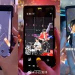 An Oppo Find X9 Ultra displaying its camera interface (with grid lines) while capturing a live band performance (guitarist and drummer visible). A “@小白测评” watermark appears at the bottom.