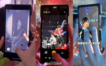 An Oppo Find X9 Ultra displaying its camera interface (with grid lines) while capturing a live band performance (guitarist and drummer visible). A “@小白测评” watermark appears at the bottom.