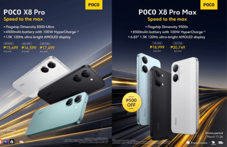 POCO X8 Pro and X8 Pro Max promo poster. X8 Pro: Dimensity 8500-Ultra, 6500mAh, 1.5K 120Hz display, ₱15,499–₱17,499. X8 Pro Max: Dimensity 9500s, 8500mAh, 6.83" display, ₱18,999–₱20,749 w/ ₱500 off. Promo Mar 17–26, Shopee exclusive.