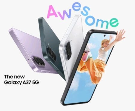 Samsung Galaxy A37 Launched in the Philippines; Price Starts at PHP 25,990 Samsung Galaxy A37 5G promotional graphic displaying the smartphone in multiple colors (purple, dark green, white) with a colorful 'Awesome' text overlay and a view of the device's screen showing a person in motion.