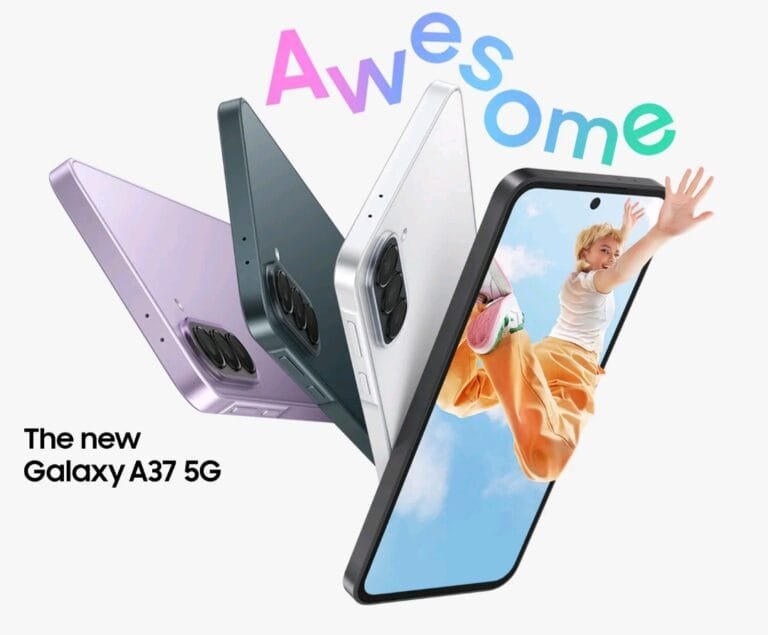Samsung Galaxy A37 5G promotional graphic displaying the smartphone in multiple colors (purple, dark green, white) with a colorful 'Awesome' text overlay and a view of the device's screen showing a person in motion.
