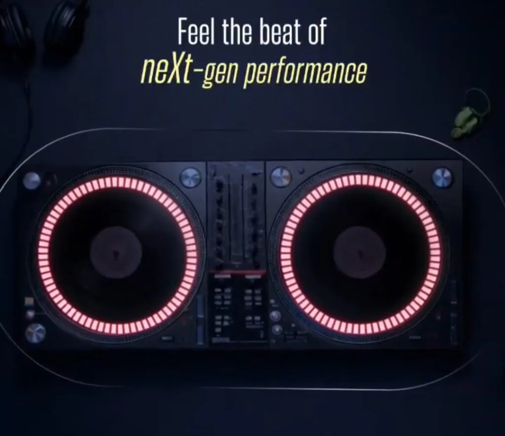 Poco X8 Pro Max (2602BPC18G) Appears on Geekbench with Dimensity 9500s Promotional teaser of the Poco X8 Pro Max featuring a DJ turntable-style graphic with glowing circular lights and the tagline “Feel the beat of next-gen performance.”