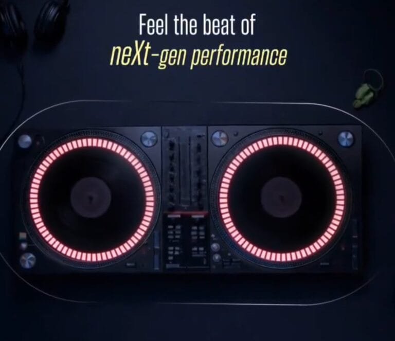 Promotional teaser of the Poco X8 Pro Max featuring a DJ turntable-style graphic with glowing circular lights and the tagline “Feel the beat of next-gen performance.”