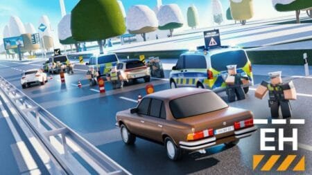 Roblox Emergency Hamburg gameplay showing a police checkpoint on a highway with several police vehicles, officers directing traffic, and cars being stopped for inspection.