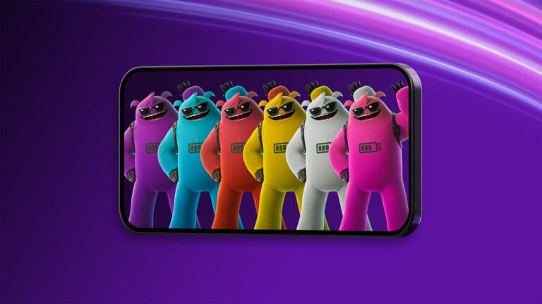 A smartphone displays colorful cartoonish humanoid characters from Fortnite Mobile—in purple, blue, red, yellow, white, and pink, all wearing sunglasses and standing side by side. The phone is set against a vibrant purple background with flowing pink and white light streaks.