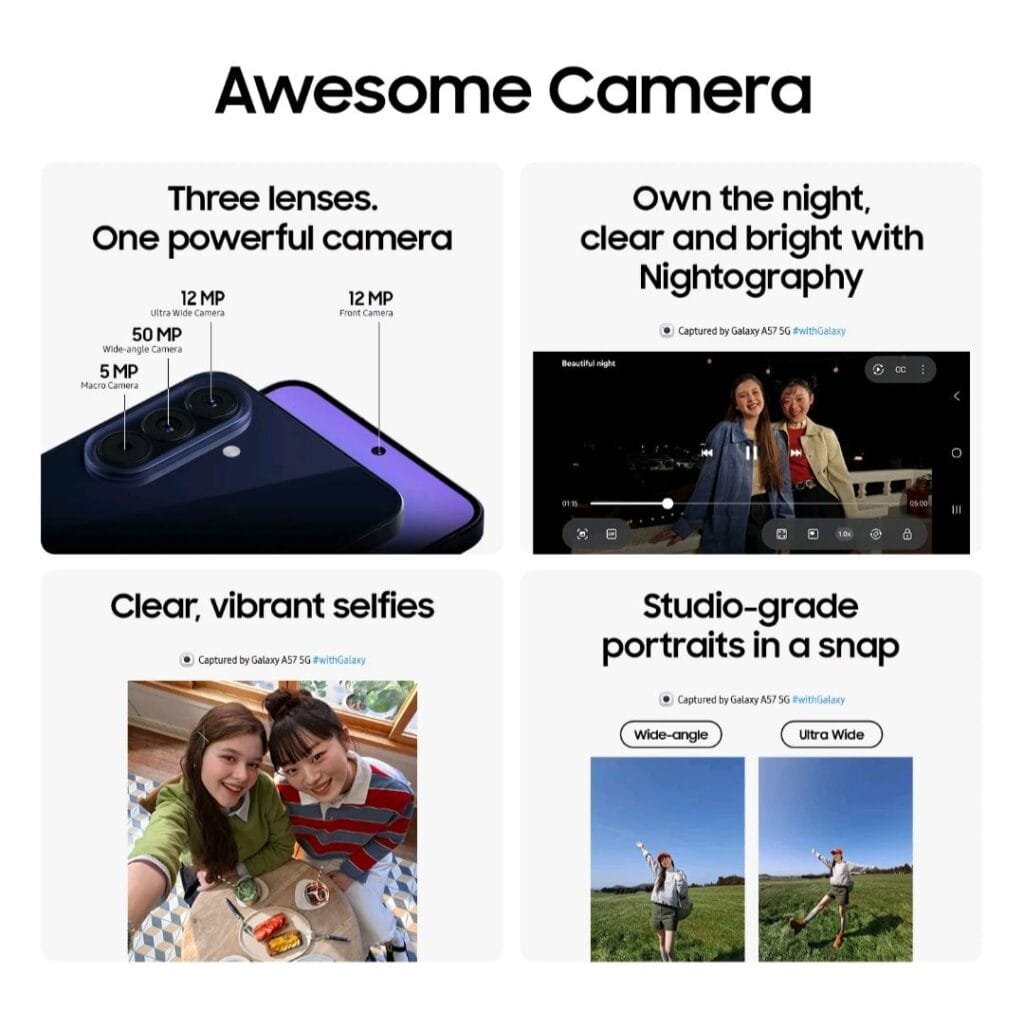 Samsung Galaxy A57 is Now Official in the Philippines; Price Starts at PHP 28,990 1 Samsung Galaxy A57 5G 'Awesome Camera' feature showcase: details triple-lens setup (50MP wide, 12MP ultra-wide, 5MP macro) plus 12MP front camera, with sections highlighting Nightography, clear selfies, and studio-grade portraits.