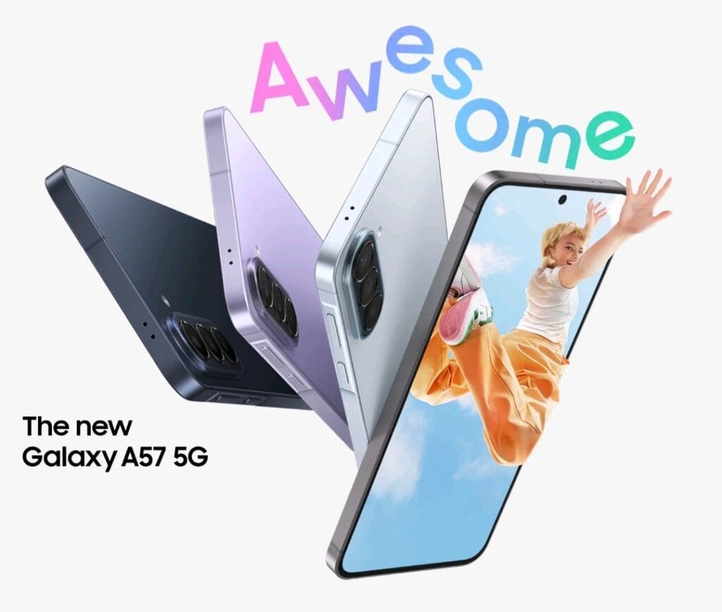 Samsung Galaxy A57 is Now Official in the Philippines; Price Starts at PHP 28,990 Samsung Galaxy A57 5G promotional graphic showing the smartphone in multiple colors (black, purple, light gray) with a colorful 'Awesome' text overlay and a view of the device's display.