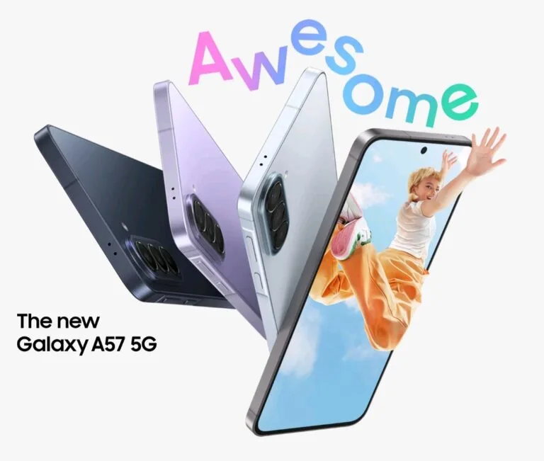 Samsung Galaxy A57 5G promotional graphic showing the smartphone in multiple colors (black, purple, light gray) with a colorful 'Awesome' text overlay and a view of the device's display.