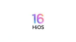 HiOS 16 logo featuring vibrant gradient numbers and "HiOS" text, signaling the new TECNO mobile operating system update.