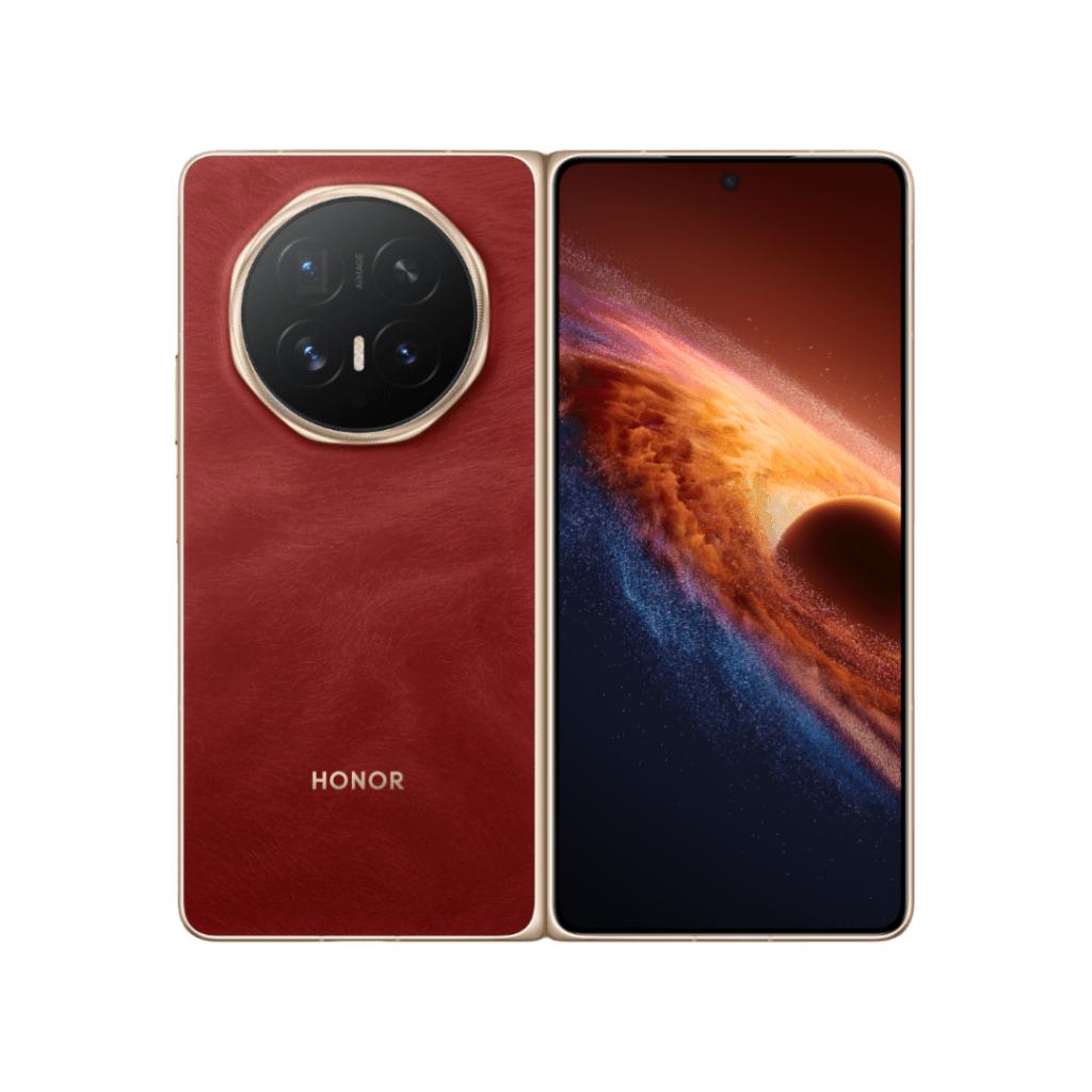 Honor Magic V6 foldable smartphone with a red leather back, circular quad-camera module, and a large inner display showing a cosmic wallpaper.