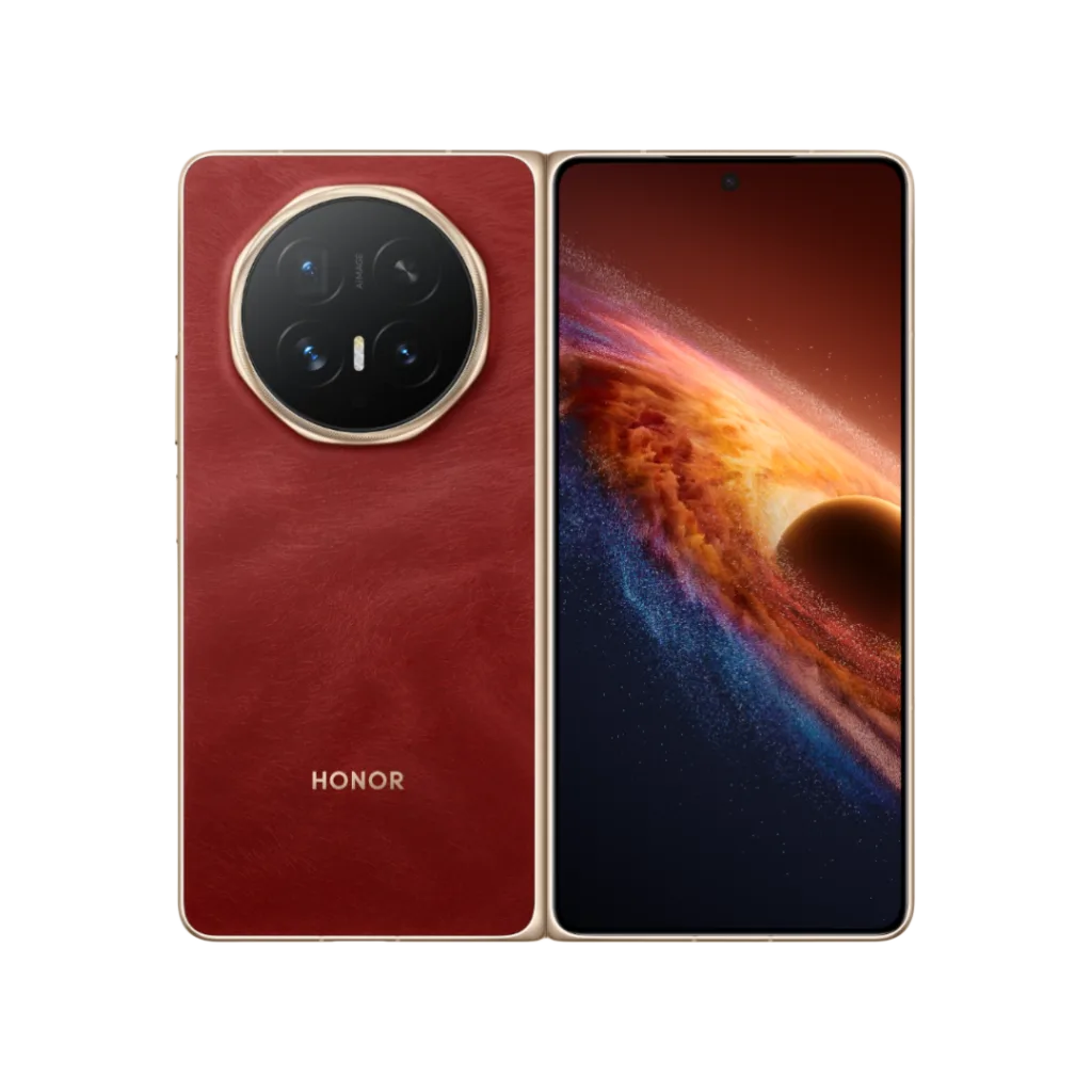 Honor Magic V6 foldable smartphone with a red leather back, circular quad-camera module, and a large inner display showing a cosmic wallpaper.