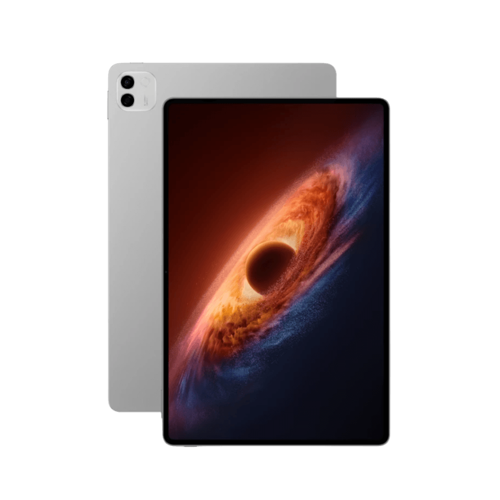 A silver Honor MagicPad 4 tablet shown from the back, partially obscured by the front of another Honor MagicPad 4 displaying a vibrant, swirling galaxy wallpaper.
