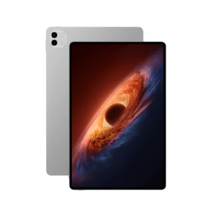 A silver Honor MagicPad 4 tablet shown from the back, partially obscured by the front of another Honor MagicPad 4 displaying a vibrant, swirling galaxy wallpaper.