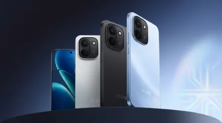iQOO Z11 smartphones in multiple colors displayed against a dark gradient background, showcasing rear camera modules and front display design.