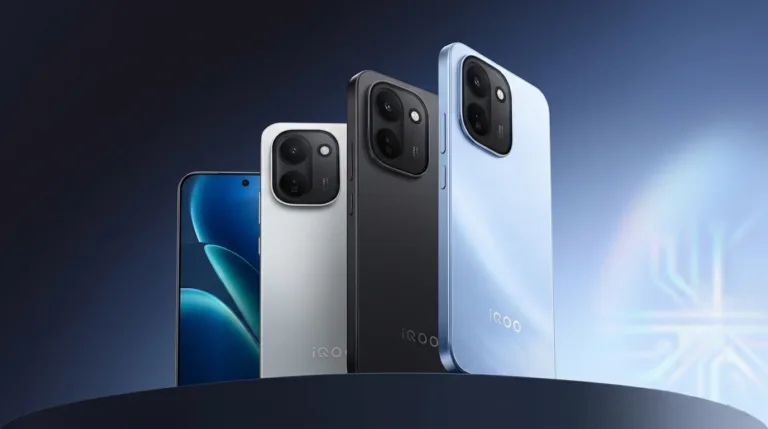 iQOO Z11 smartphones in multiple colors displayed against a dark gradient background, showcasing rear camera modules and front display design.