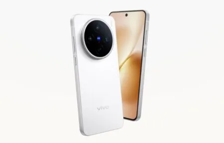 Vivo X300s smartphone in white, showing rear with large circular camera module and front with curved display against light background.