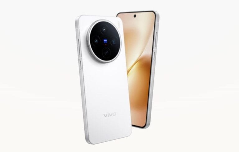 Vivo X300s Features 200MP ZEISS Camera and MediaTek Dimensity 9500 Vivo X300s smartphone in white, showing rear with large circular camera module and front with curved display against light background.