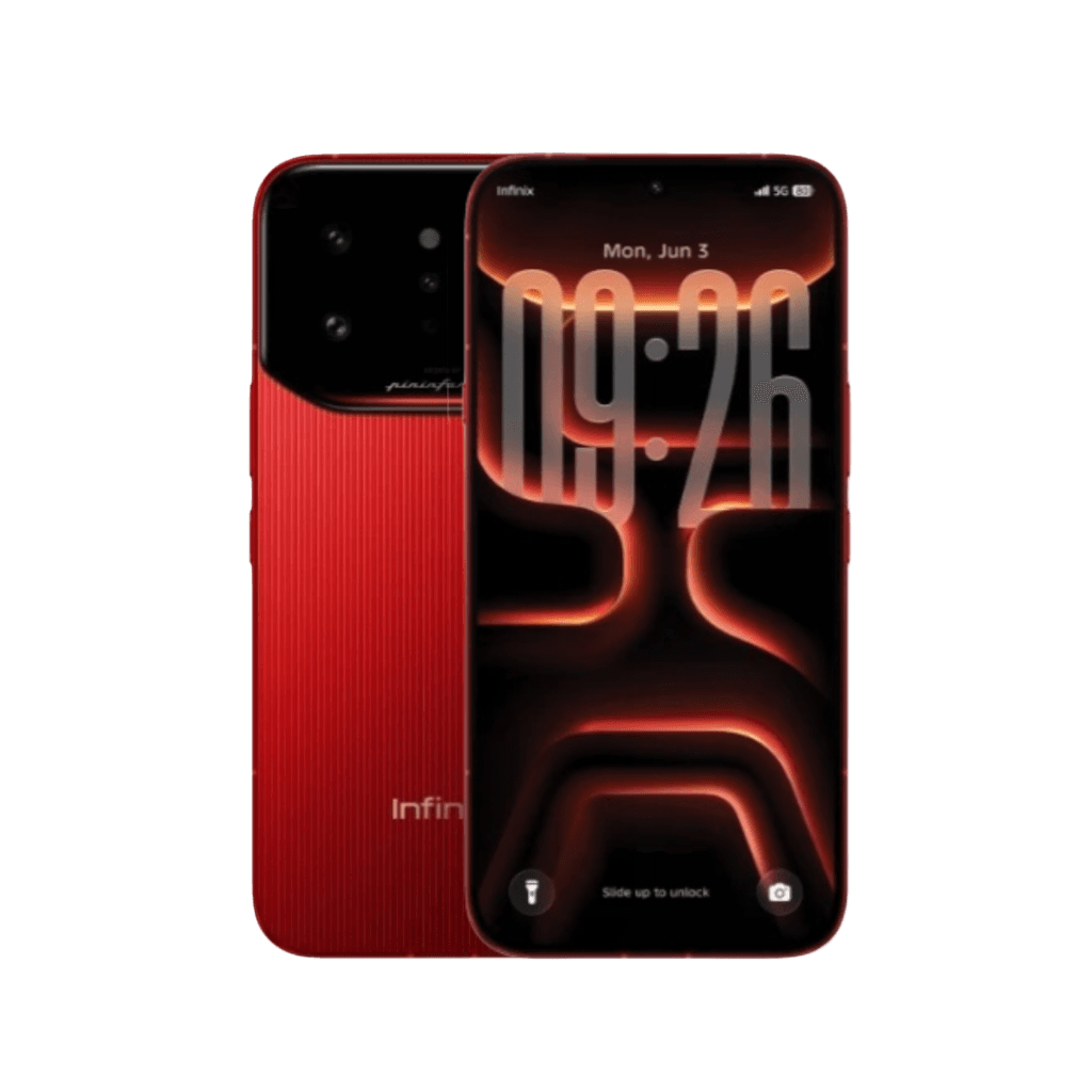 Red Infinix Note 60 Ultra smartphone showing the front display and rear design with a wide camera module and sleek ribbed back panel.