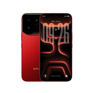 Red Infinix Note 60 Ultra smartphone showing the front display and rear design with a wide camera module and sleek ribbed back panel.