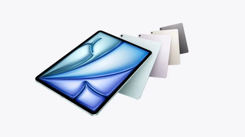 A stack of four Apple iPad Air (8th Gen) tablets, with the frontmost device displaying a blue and teal abstract wallpaper. The other tablets behind it are in various colors including purple, gold, and space gray, suggesting different color options for the device.