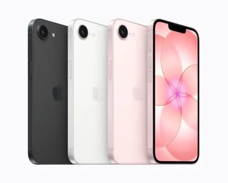 Three iPhone 17e models (black, white, pink) are shown, highlighting their single-lens cameras and the pink model's floral display.