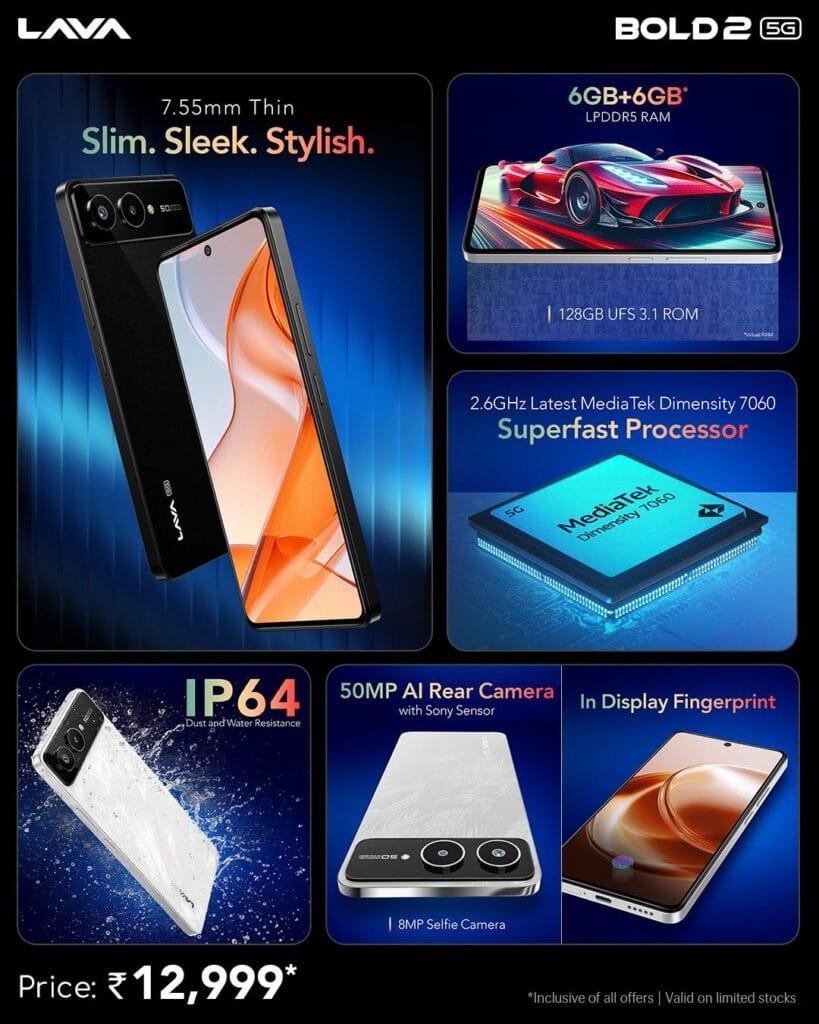 Lava Bold 2 Launched in India; Priced at ₹12,999 2 Lava Bold 2 5G feature collage. Highlights slim design, RAM/ROM, processor, IP64 rating, cameras, fingerprint sensor. Price ₹12,999*.