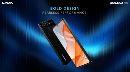 Lava Bold 2 5G promo graphic. Black smartphone shown front and back. Text: 'BOLD DESIGN FEARLESS PERFORMANCE' on blue gradient background.