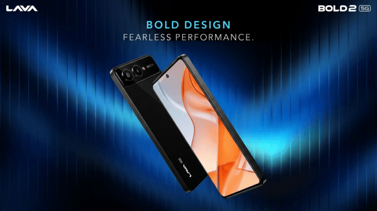 Lava Bold 2 Launched in India; Priced at ₹12,999 Lava Bold 2 5G promo graphic. Black smartphone shown front and back. Text: 'BOLD DESIGN FEARLESS PERFORMANCE' on blue gradient background.
