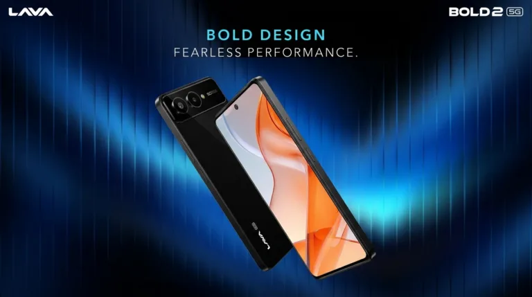 Lava Bold 2 5G promo graphic. Black smartphone shown front and back. Text: 'BOLD DESIGN FEARLESS PERFORMANCE' on blue gradient background.