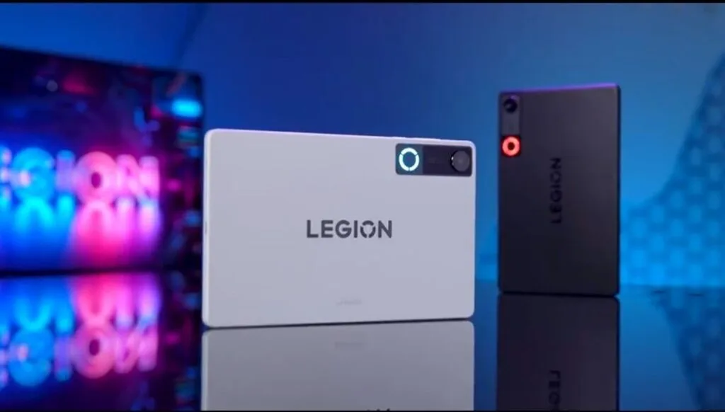 Lenovo Legion Y700 Infinity Rumored Specifications Two Lenovo Legion Y700 5th Gen tablets (white/black) with "Legion Halo" RGB rings (blue/red) and "LEGION" logos, on blue-lit background.
