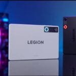 Two Lenovo Legion Y700 5th Gen tablets (white/black) with "Legion Halo" RGB rings (blue/red) and "LEGION" logos, on blue-lit background.
