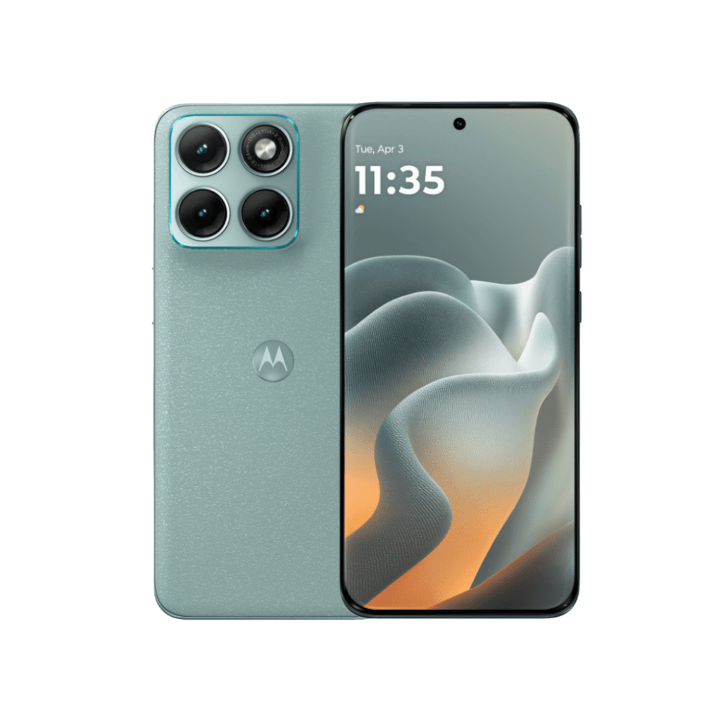 A light blue Motorola Edge 70 Fusion smartphone is shown from two angles, revealing its textured back panel with a prominent camera module and the Motorola logo, alongside its sleek front display featuring a time and date display and a centered punch-hole camera.
