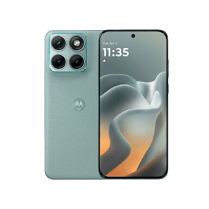A light blue Motorola Edge 70 Fusion smartphone is shown from two angles, revealing its textured back panel with a prominent camera module and the Motorola logo, alongside its sleek front display featuring a time and date display and a centered punch-hole camera.