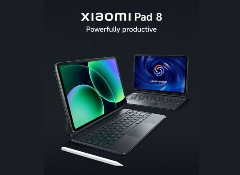 Xiaomi Pad 8 and Pad 8 Pro Official: Global Price, Features, and Specs Xiaomi Pad 8 displayed with a keyboard case and stylus, showing a large screen and Xiaomi HyperAI interface with the tagline “Powerfully productive.”