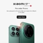 Promotional poster for the Xiaomi 17 Series, co-engineered with Leica. The text announces a "Pre-order Promo" for purchases made between March 3–19, 2026, above a black "Learn More" button. The bottom of the image showcases two green smartphones: one with a square camera module and another with a large, circular Leica-branded camera housing.