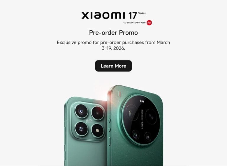 Promotional poster for the Xiaomi 17 Series, co-engineered with Leica. The text announces a "Pre-order Promo" for purchases made between March 3–19, 2026, above a black "Learn More" button. The bottom of the image showcases two green smartphones: one with a square camera module and another with a large, circular Leica-branded camera housing.