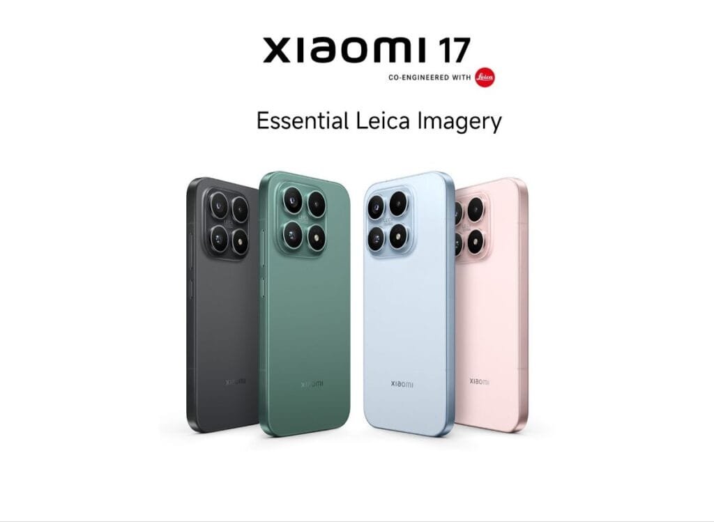 A promotional graphic for the Xiaomi 17, featuring the tagline "Essential Leica Imagery". The image displays the smartphone in four different colors: black, green, light blue, and pink. Each device is shown from the back, showcasing the Leica-branded square camera array and a sleek, matte finish.