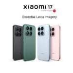 A promotional graphic for the Xiaomi 17, featuring the tagline "Essential Leica Imagery". The image displays the smartphone in four different colors: black, green, light blue, and pink. Each device is shown from the back, showcasing the Leica-branded square camera array and a sleek, matte finish.