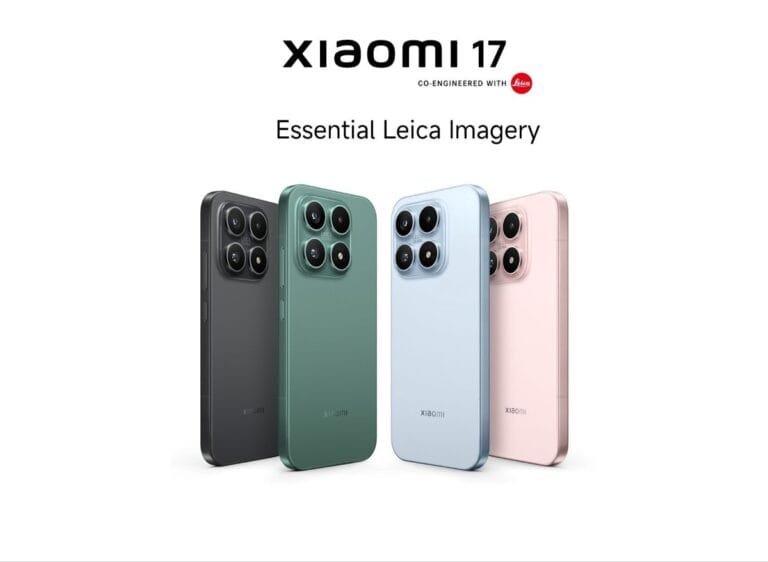 Xiaomi 17 Arrives in Philippines with a Starting Price of PHP 53,999 A promotional graphic for the Xiaomi 17, featuring the tagline "Essential Leica Imagery". The image displays the smartphone in four different colors: black, green, light blue, and pink. Each device is shown from the back, showcasing the Leica-branded square camera array and a sleek, matte finish.